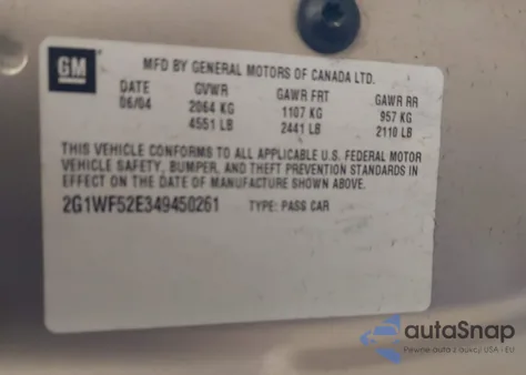 2004 Chevrolet Impala z USA, uszkodzony, nr VIN 2G1WF52E349450261